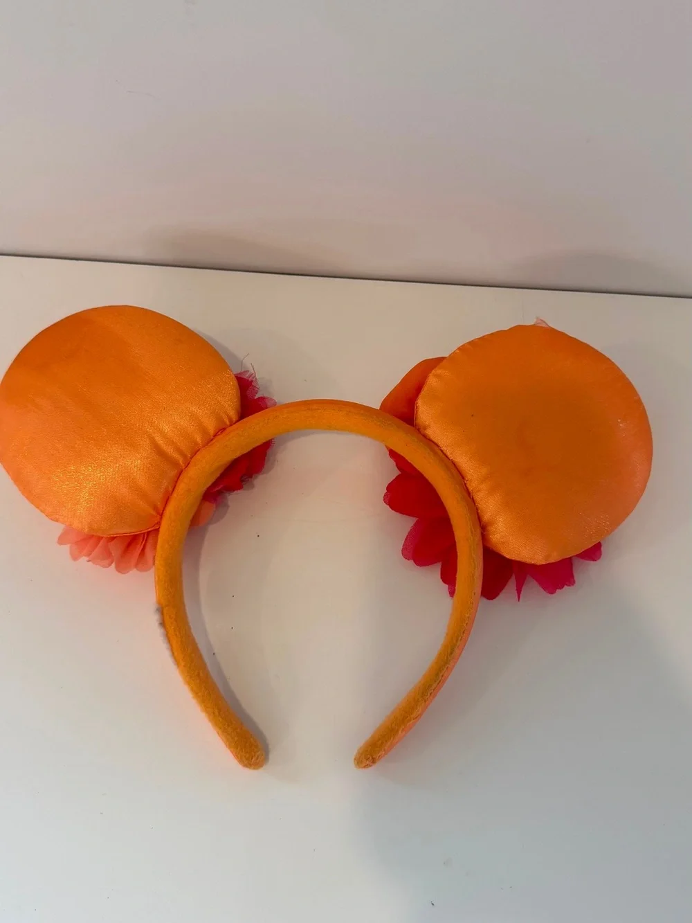 Disney Mickey Mouse Floral Ears Headband Orange Satin Fabric